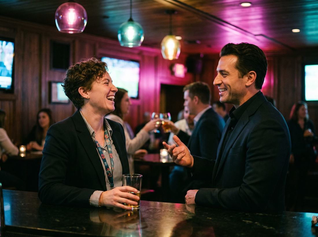 An Atmosphere Cyber host having a genuine, animated conversation with a conference attendee at an evening lounge event