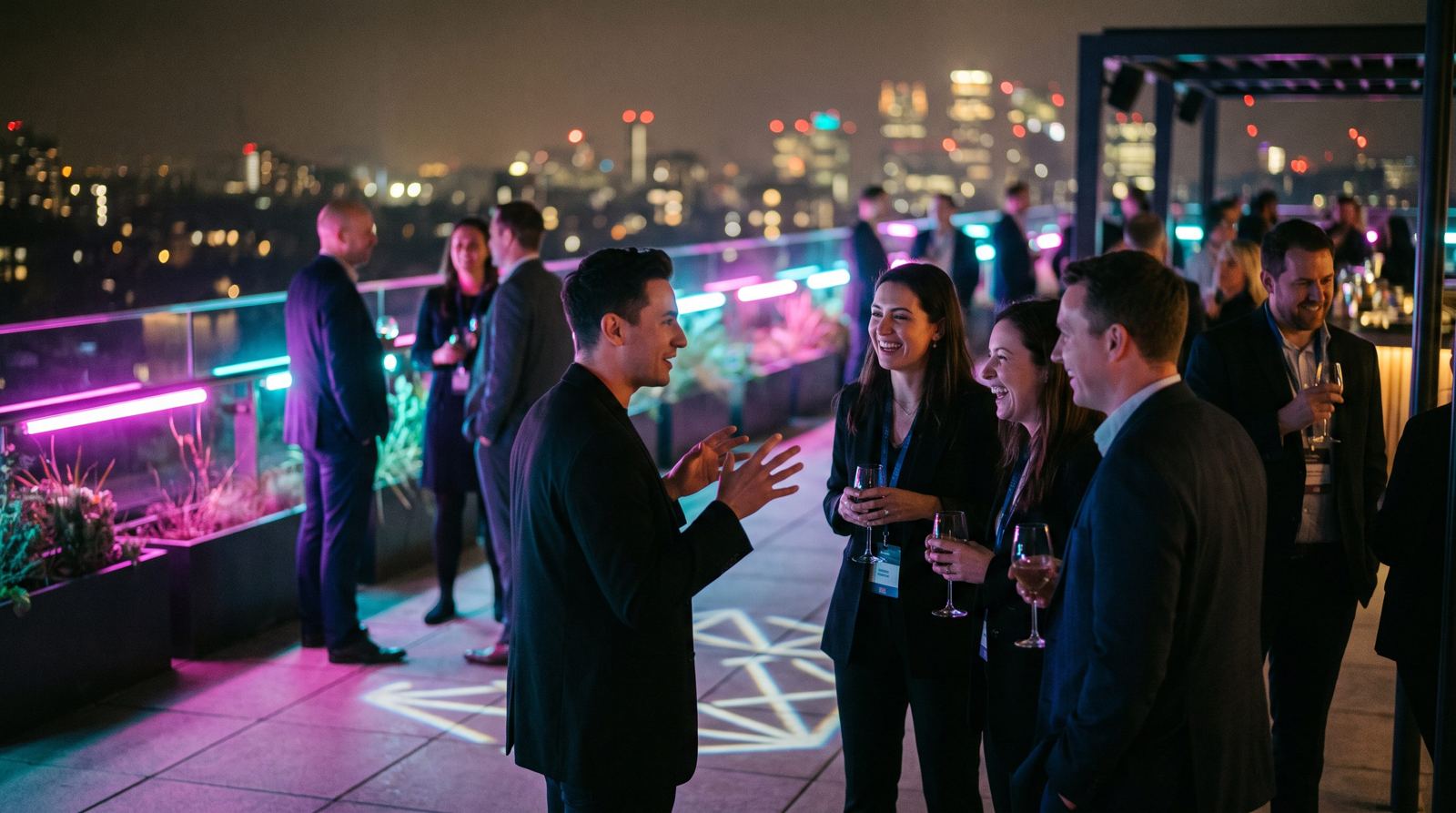 A cybersecurity conference afterparty on a rooftop lounge at night, with an Atmosphere Cyber host engaging a small group of attendees in conversation under neon lighting